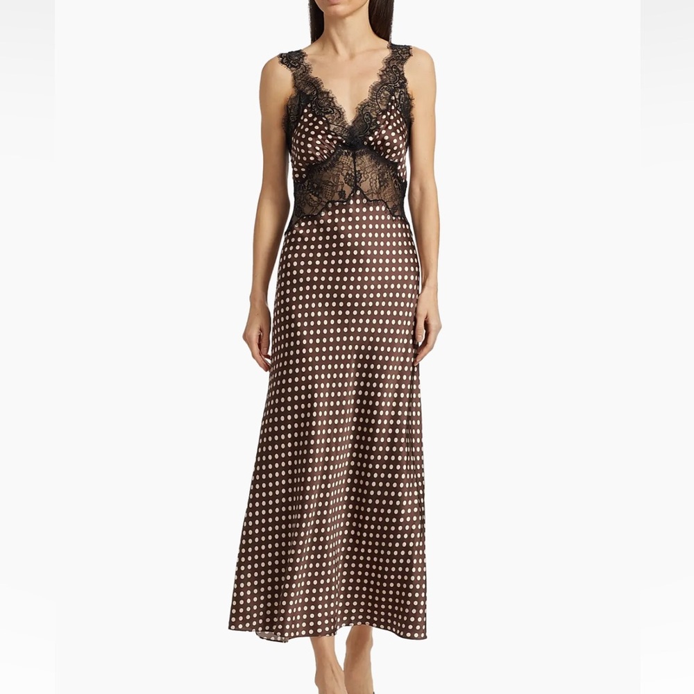 New with tags! Ronny Kobo Holiday Brown Polka Dot Lace Maxi Dress Size L